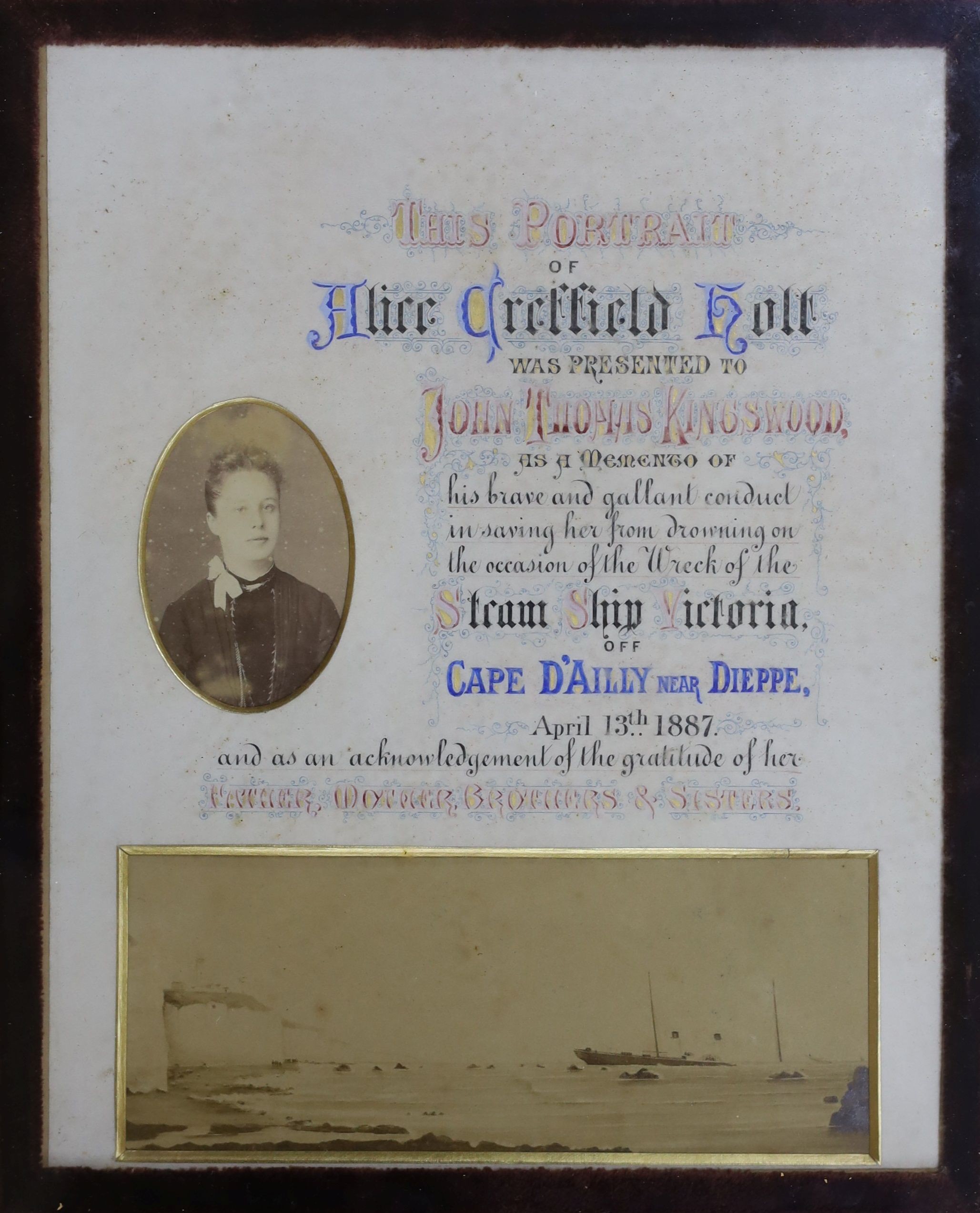 A framed token of appreciation for saving lives at sea awarded to John Thomas Kingswood 1887 with history and related silver watch with engraved inscription inside